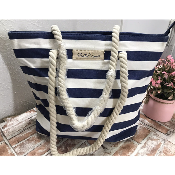 Porto Vino Beach Wine Bag Canvas Blue/White Stripes Holds 2 Bottles Of Wine NWT - Picture 2 of 7